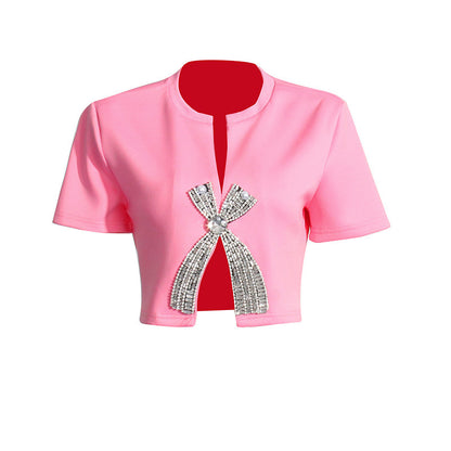 Fashion Simple Rhinestone Bow Short Sleeve T-shirt For Women
