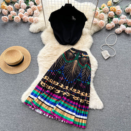 Women's Summer High-end Design Sense Niche Sleeveless Shirt Top Pleated Dress Two-piece Set