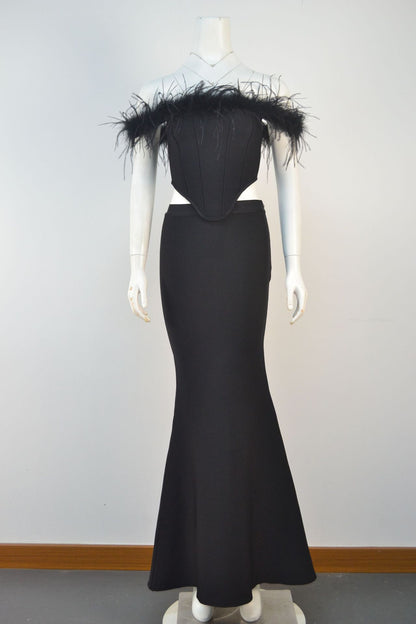 Ostrich Feather Off-shoulder Fishtail Dress Two-piece Set
