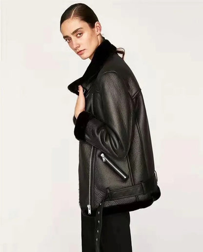 Casual Simple Oblique Zipper PU Plus Velvet Jacket