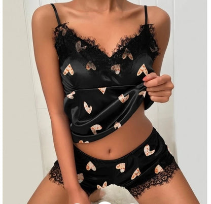 Ladies Eyelash Lace Decoration Polka Dot Printing Satin Suspender Pajamas Suit