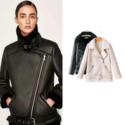 Casual Simple Oblique Zipper PU Plus Velvet Jacket