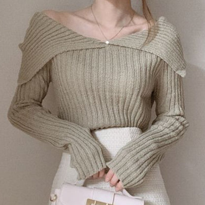 Women's Niche V-neck Off-shoulder Slim Pullover Knitted Top