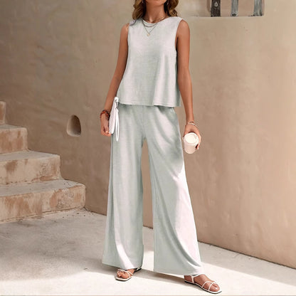Women's Solid Color Vest Top And Casual Wide Leg Pants Two-piece Set