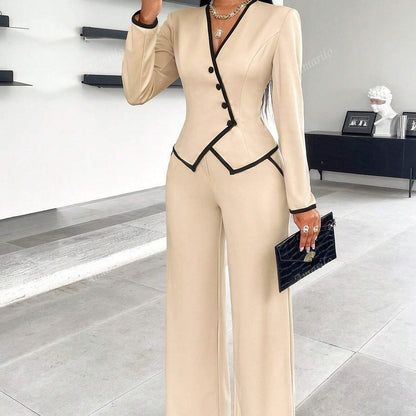 Single-breasted Contrast Color Trim Suit Pants Suit