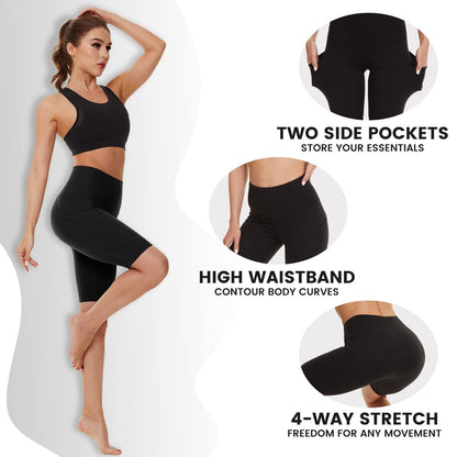 3 Pack Biker Shorts For Women High Waist With Pockets - '' Summer Tummy Control Spandex Workout Running Yoga Shorts