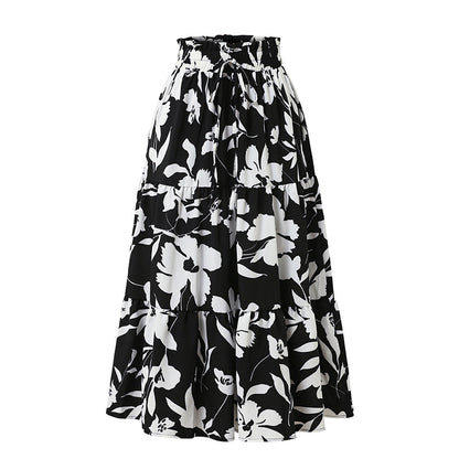 European And American Printed A- Line Skirt Pleated Skirt Women
