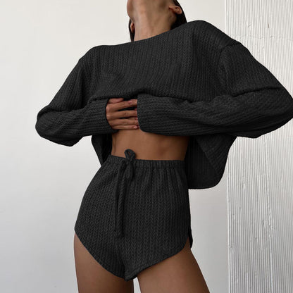 Polyester Women's Summer Long Sleeve Shorts Pajamas Suit