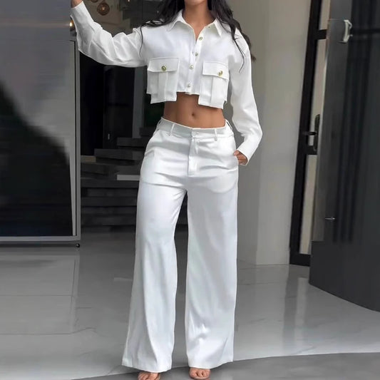 Midriff Outfit Long Sleeve Top Wide Leg Trousers