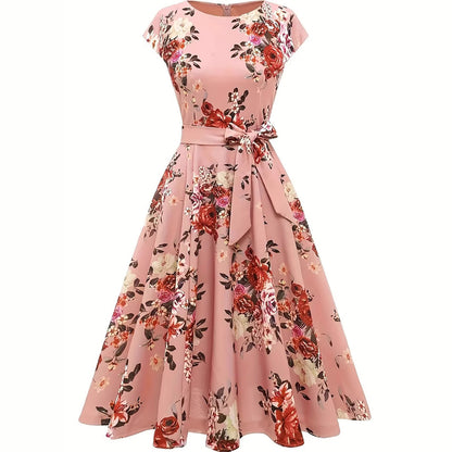 Summer Round Neck Sleeve Waist Belt Slim Print Sleeveless Swing Dress