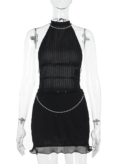 Summer Sexy Pearl Chain Halter Backless Top Mid-length Dress Set