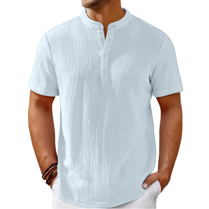 Men's Retro Cotton And Linen Stripes Henley Shirt Casual Loose Shirt