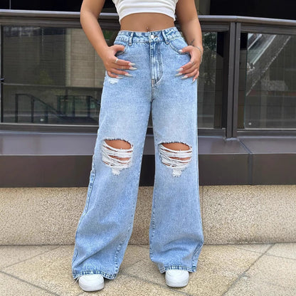 Ripped Washed Jeans Loose Straight Wide Leg