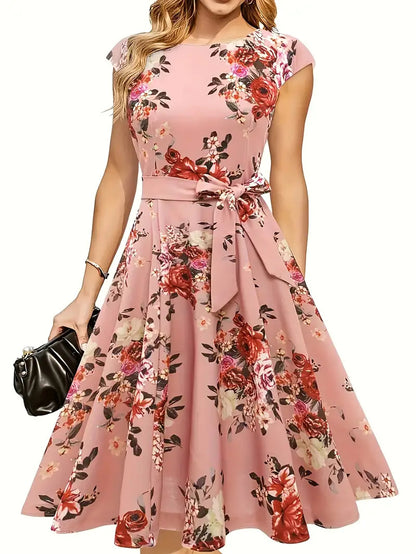 Summer Round Neck Sleeve Waist Belt Slim Print Sleeveless Swing Dress