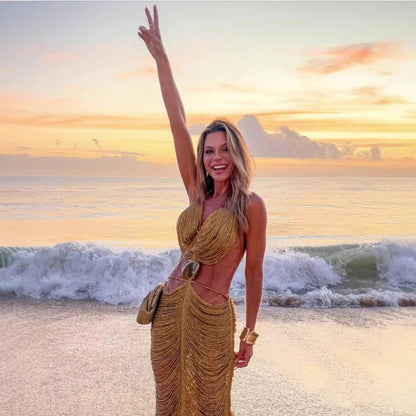 Spring And Summer Shell Tassel Halter Strap Sexy Dress