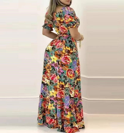 Short Sleeve Printed V-neck Waist-controlled Lace-up Dress