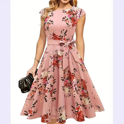 Summer Round Neck Sleeve Waist Belt Slim Print Sleeveless Swing Dress