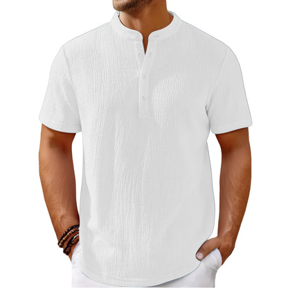 Men's Retro Cotton And Linen Stripes Henley Shirt Casual Loose Shirt