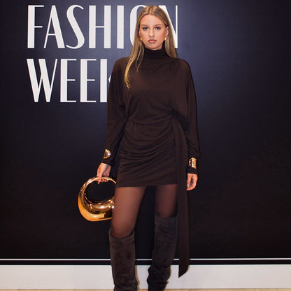 New Pure Color Half Collar Waist-tight Sheath Sexy Dress Women