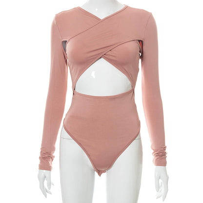 Pure Color Cross-cut Long-sleeved Cut-waist Slim-fit Bodysuit