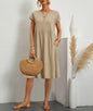 Summer OL Style Women's Solid Color Cotton Round Neck A-line Skirt Mid Length Dress