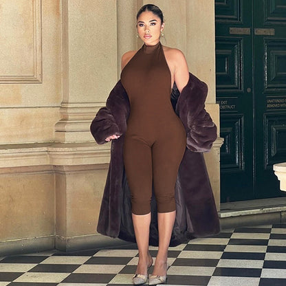 Women's Solid Color Sleeveless Halter Backless Sexy Slim Fit Bodysuit