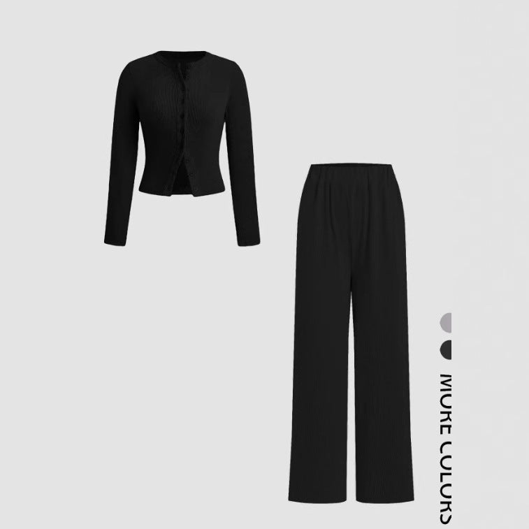 Casual Slim-fit Buttoned Long Sleeve Wide Leg Pants Suit