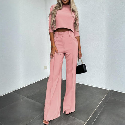 Women's Elegant Solid Color Half Sleeve Short Top With Straight Leg Pants Two-Piece Office Wear Suit With Pockets