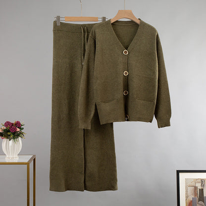 V-neck Cardigan Sweater Wide-leg Pants Suit