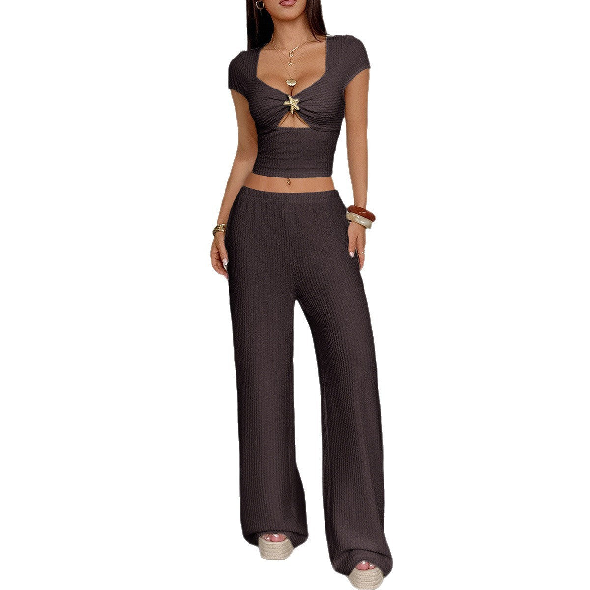 Sports Style Short Sleeve Vest Wide-leg Pants Suit For Women