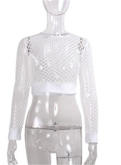 Fit High Waist Hollow-out See-through Fishnet Navel T-shirt Wear Women