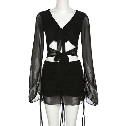 Women's Slim Fit Short Long Sleeve Top Waist Wrap Hip Half Skirt Set