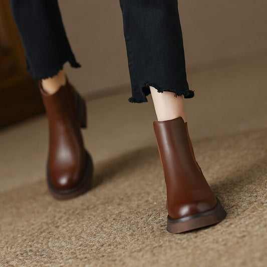 Thick Medium Heel Simple Round Toe Boots