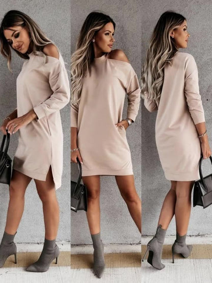 Women's Solid Color Off-the-shoulder Long Sleeve Dress