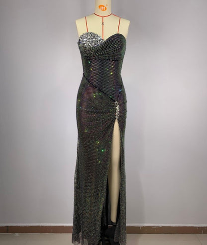 Tube Top Bright Sequin Mesh Rhinestone Handmade Fishbone Slim Dress