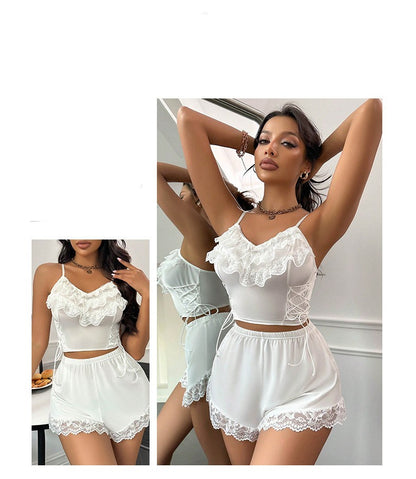 Europe And America Cross Border Ladies' Homewear Solid Color Sexy Lace Lace Spaghetti-strap Summer Sexy Sleepwear Shorts Two-piece Set