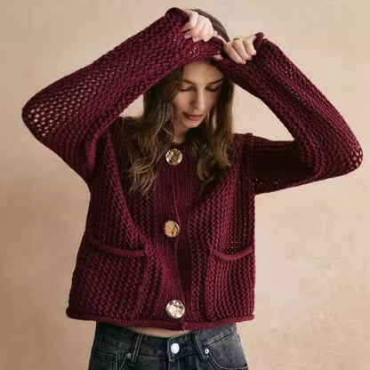 Fashion Round Neck All-matching Basic High-grade Thick Needle Cardigan For Women