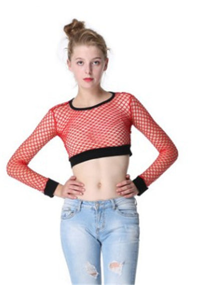 Fit High Waist Hollow-out See-through Fishnet Navel T-shirt Wear Women