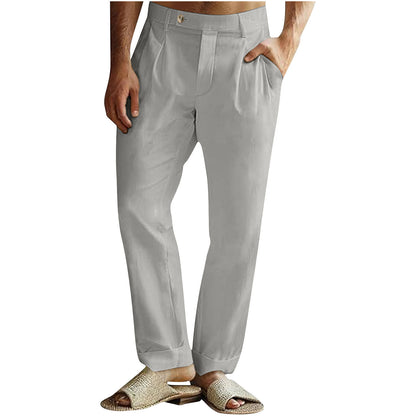 Men's Casual Cotton Linen Pants Pleated Elastic Waist Pants