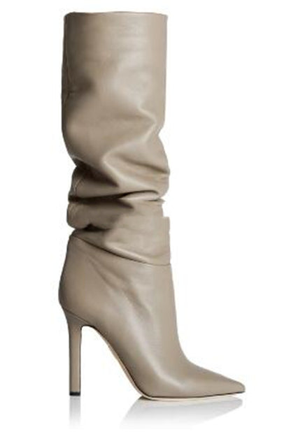 Solid Color Lychee Pattern Wedge Heel Sexy Pointed Toe Over The Knee Fashionable High-top Boots