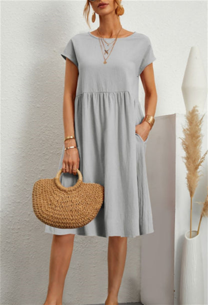 Summer OL Style Women's Solid Color Cotton Round Neck A-line Skirt Mid Length Dress