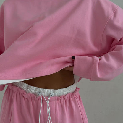 Solid Color Long Sleeve Round Neck False Two Pieces Sweater Suit Women