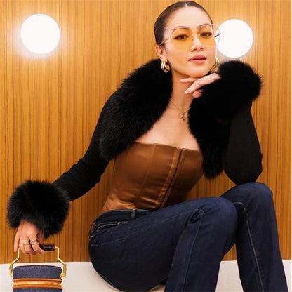 Fashion Fur Collar Knitted Short Cardigan Coat For Women