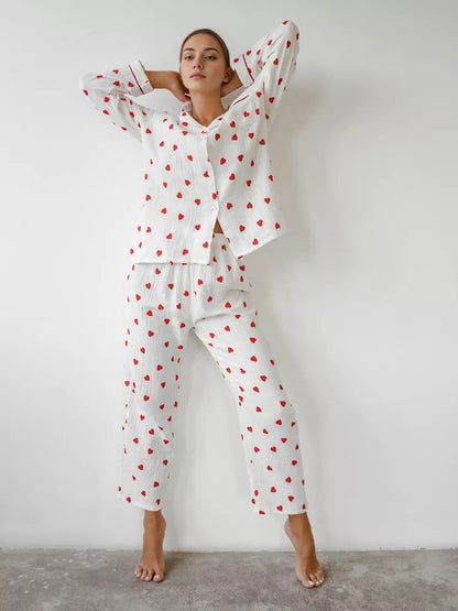 Comfortable Soft Heart Printing Cotton Pajamas Suit