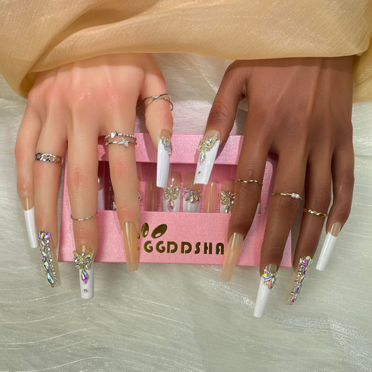 GGDDSHA Nails Press On Nails Medium Fake Nails FalseNails With 3D Flower Designs Nail Press Ons French TipHandmade Acrylic Artificial Nails Summer Natural Stick OnNails For WomenOpal Whisper