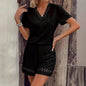 V-neck Stitching Short Sleeve Solid Color Shorts Suit Women