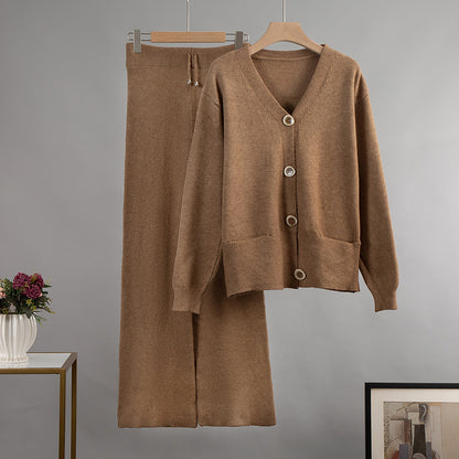 V-neck Cardigan Sweater Wide-leg Pants Suit