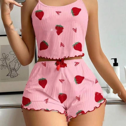 Summer Suspender Elastic Shorts Pajamas Women's Suit