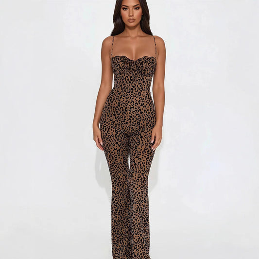 Sleeveless Leopard Print Backless Slim Fit Strap Tube Top Women's High Waist Hip Lift Jumpsuit