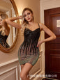 Hem Colored Beads Slim Strap Backless Dress